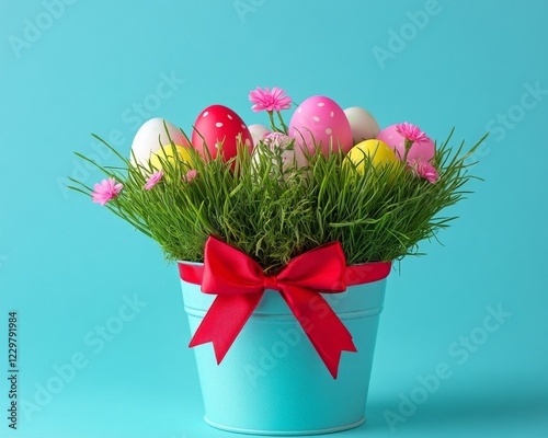 Colorful easter eggs arranged with flowers in a light blue pot set against a vibrant turquoise background