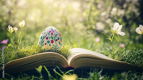 Colorful Easter egg rests on an open book surrounded by blooming flowers and green grass during springtime
