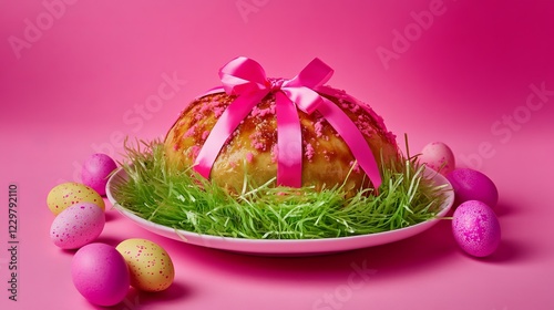 Festive dessert with vibrant colors and Easter eggs in a cheerful spring setting