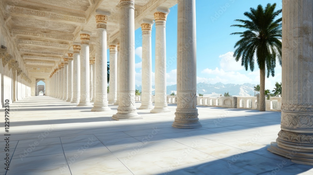Fototapeta premium Sunlit Classical Colonnade with Palm Tree and Mountain View
