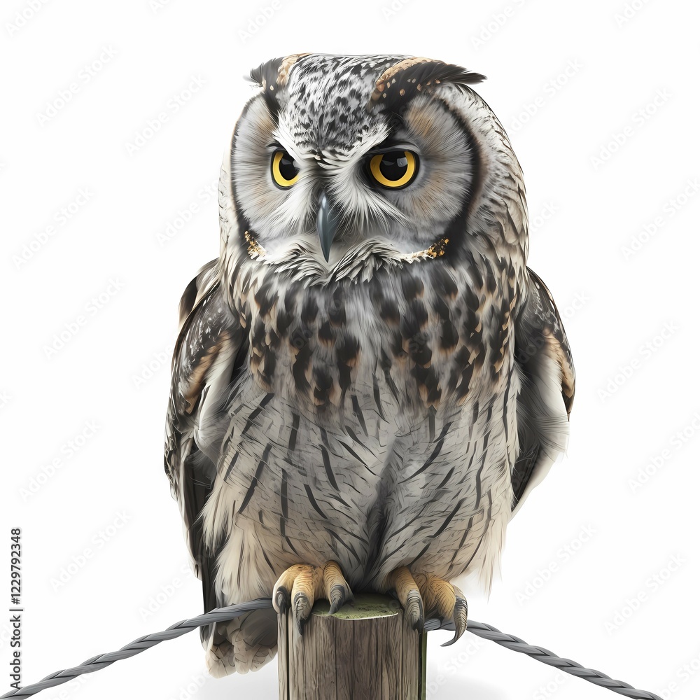 Obraz premium Portrait of an owl who sits on a pole, white backround, AI generated Art