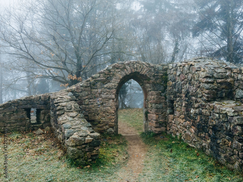 Quadro em tela A crumbling stone archway within the ruins of an abandoned structure, surrounded by foggy trees and grassy terrain, evoking mystery and solitude