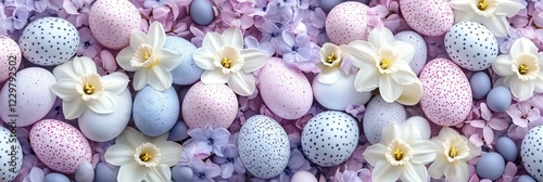 Colorful Easter eggs arranged with flowers and pastel decorations on a spring background
