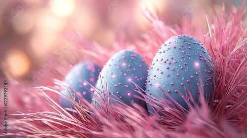 Decorative blue eggs resting on vibrant pink grass in a festive spring setting