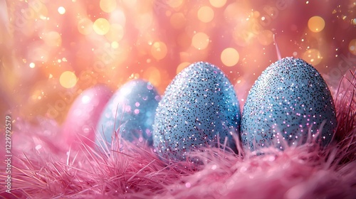 Decorative pastel eggs arranged on pink grass background with sparkling lights for spring celebration