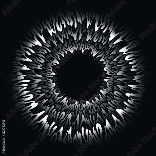 Dark circular explosion with jagged, feather-like edges, creating an abstract and intense vortex effect. Multi-layered immersion in depth