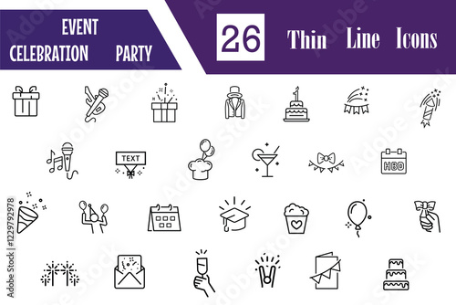 Event celebration and party line editable icon set. Events related modern icons: life music, Christmas, birthday, wedding party, and more.  Vector illustration