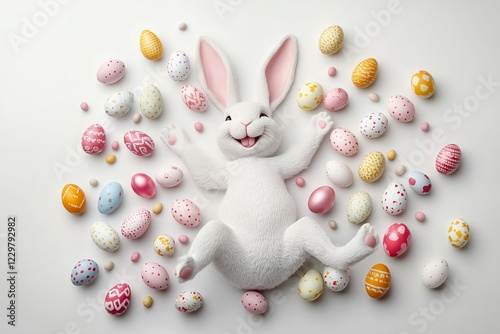 Colorful Easter eggs surround a cheerful bunny in a festive arrangement on a white background