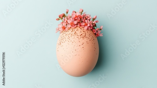 Decorative egg with pink flowers on a light blue background showcases spring creativity