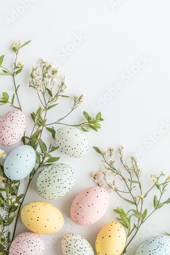 Colorful speckled Easter eggs arranged with delicate flowers on a neutral background