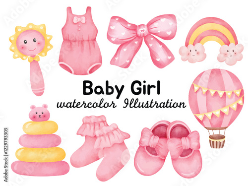 Watercolor Baby Girl Clipart Collection - Hand-Painted Pink Theme with Clothes, Toys, and Accessories