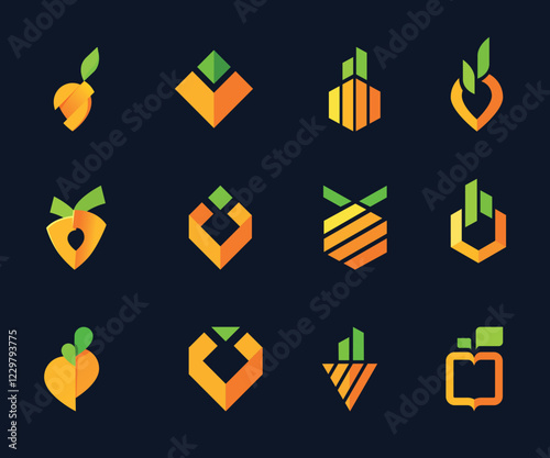 Modern geometric agriculture icon and farming logo in orange and green, representing sustainability, growth, and eco-friendly practices