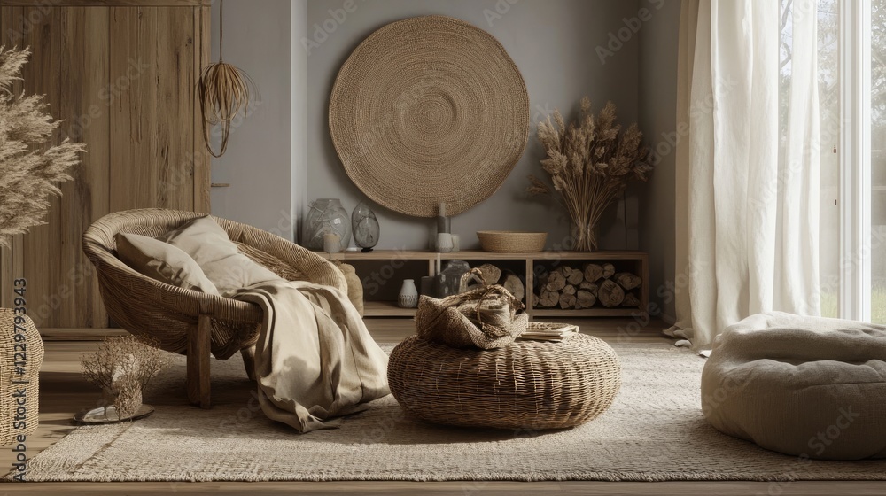 Obraz premium A living room with rattan decor elements, linen drapes, and wooden accents.