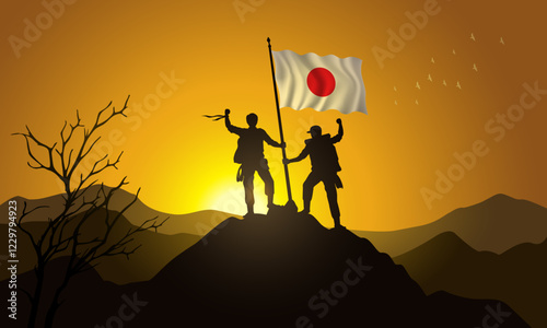 Japan flag, silhouette of two climbers holding a flag at sunset over the mountain