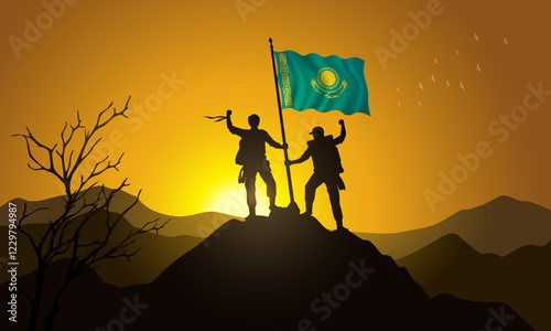 Kazakhstan flag, silhouette of two climbers holding a flag at sunset over the mountain