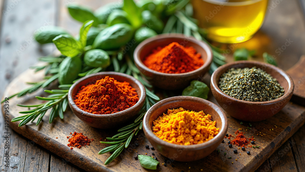 Top-Down View of Vibrant Spices and Herbs on Rustic Wooden Cutting Board, Perfect for Culinary Blogs, Recipe Books, and Food Marketing Top-Down View of Vibrant Spices and Herbs on Rustic Wooden Cutting Board, Perfect for Culinary Blogs, Recipe Books, and Food Marketing