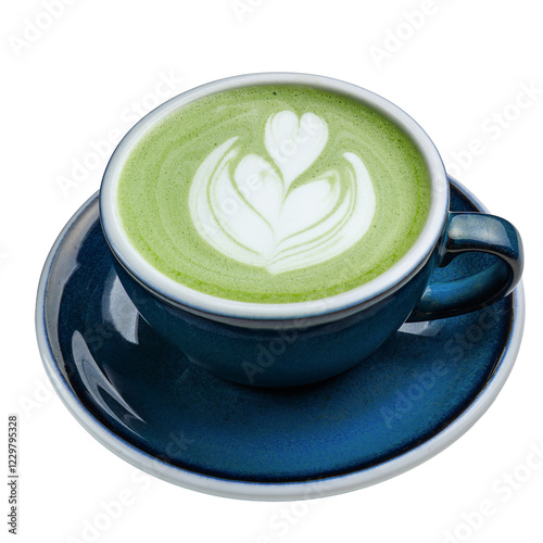 A vibrant cup of matcha latte, adorned with an elegant latte art design. Café, restaurant, coffee shop menu. Small business, coffee shop. png