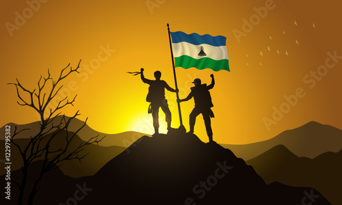 Lesotho flag, silhouette of two climbers holding a flag at sunset over the mountain