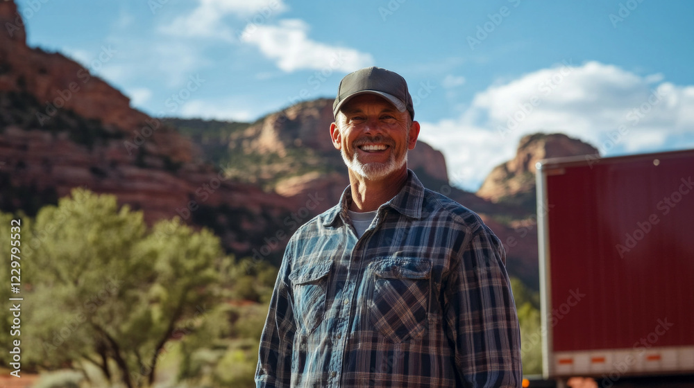 Smiling man stands proudly in front of stunning mountain backdrop during sunny day in nature Smiling man stands proudly in front of stunning mountain backdrop during sunny day in nature