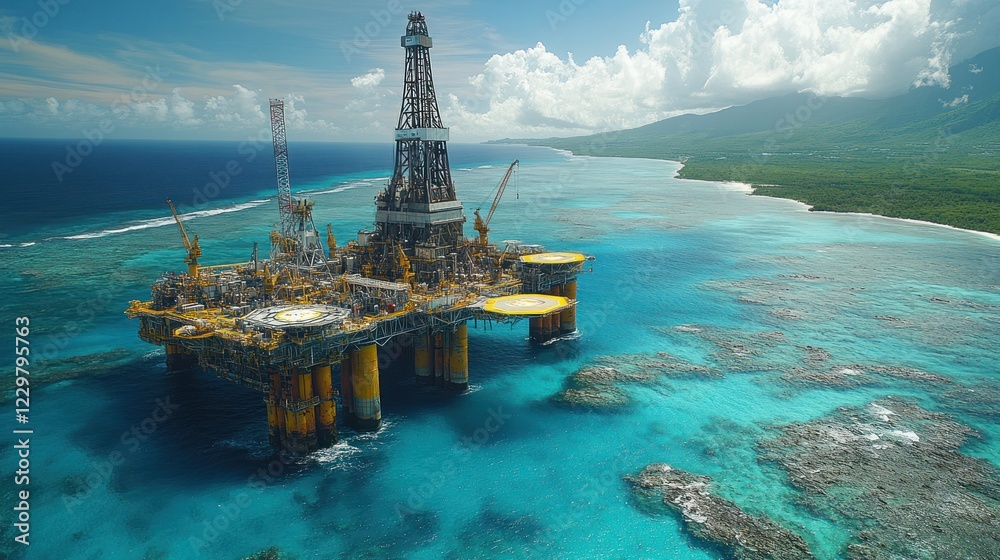 Fototapeta premium Offshore oil rig near tropical coastline.