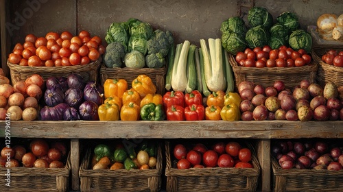 A vibrant display of fresh vegetables in woven baskets, showcasing a variety of colors and types arranged neatly on wooden shelves.