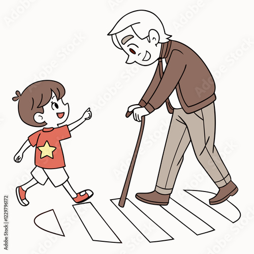 Grandfather and Child Crossing the Street Safely