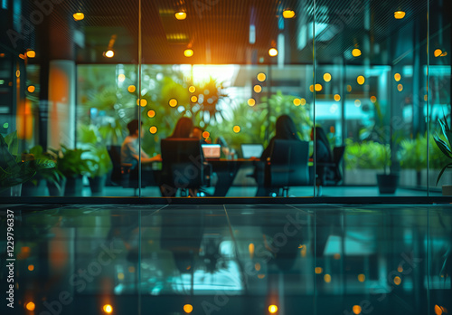 Bureau d'entreprise, mur en verre, salle de réunion, employés flous autour de la table de réunion, effet bokeh photo