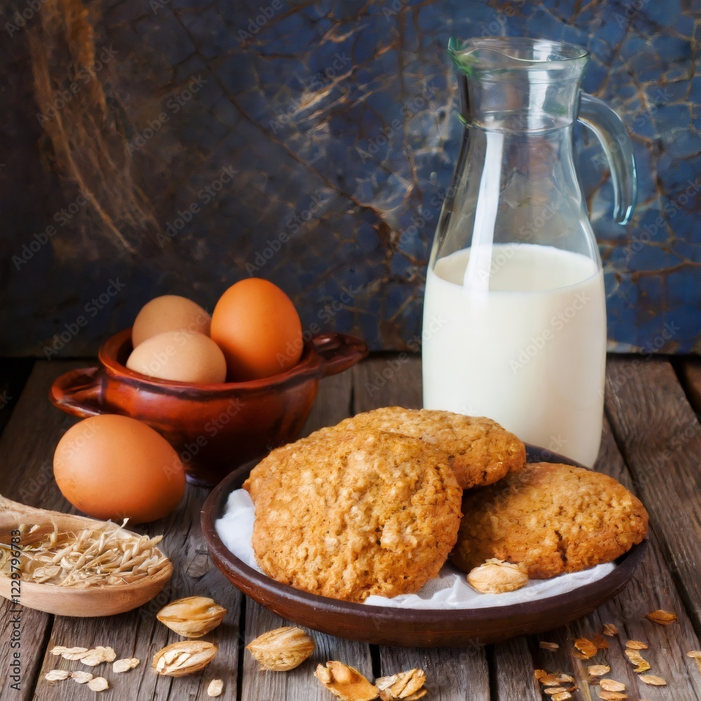 Freshly baked oatmeal cookies with milk and eggs on rustic wooden table Freshly baked oatmeal cookies with milk and eggs on rustic wooden table