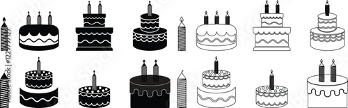 Cakes flat or line icon set collection. Vector of different types of beautiful modern cakes such as chocolate cake, Napoleon cake, tiramisu , eclair and cheesecake. Isolated on transparent background.