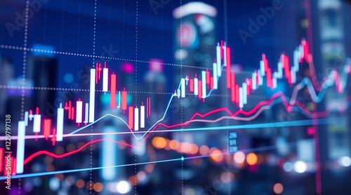 Grafik Pasar Saham Futuristik Tertampilkan di Atas Pemandangan Kota Modern yang Buram