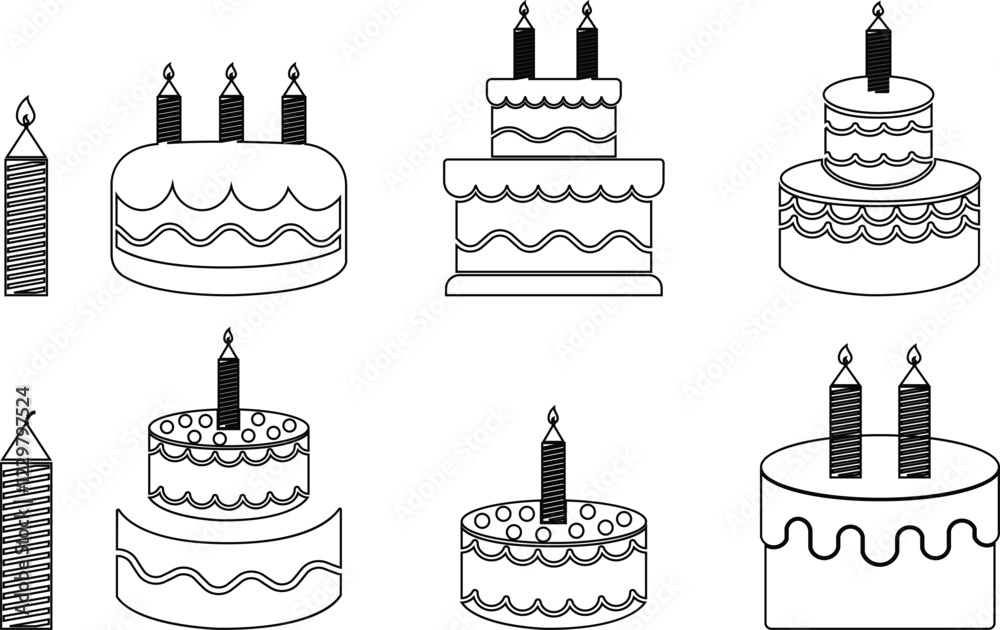 Cakes flat or line icon set collection. Vector of different types of beautiful modern cakes such as chocolate cake, Napoleon cake, tiramisu , eclair and cheesecake. Isolated on transparent background. Cakes flat or line icon set collection. Vector of different types of beautiful modern cakes such as chocolate cake, Napoleon cake, tiramisu , eclair and cheesecake. Isolated on transparent background.