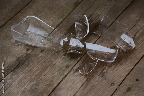 Pieces of a shattered glass vessel on a wooden floor