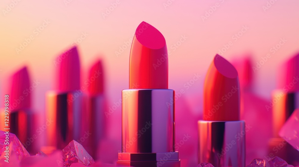 A vibrant display of pink lipsticks nestled among crystals, illuminated by a soft gradient backdrop, creating a dreamy and alluring beauty aesthetic. A vibrant display of pink lipsticks nestled among crystals, illuminated by a soft gradient backdrop, creating a dreamy and alluring beauty aesthetic.