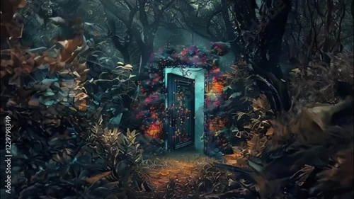 Fantastically beautiful door in wild forest leading to deep unknown, abstract vivid composition consists of fictional unreal fantastic vision on background
