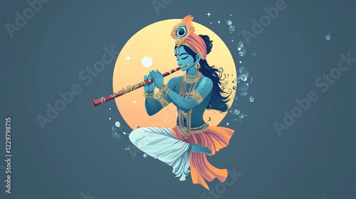 Divine Lord Krishna playing flute in flat vector illustration for meditation and spirituality purposes