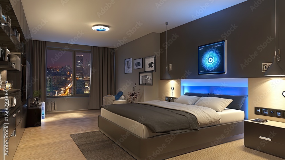 A modern bedroom featuring an AI-powered sleep tracking system. A modern bedroom featuring an AI-powered sleep tracking system.