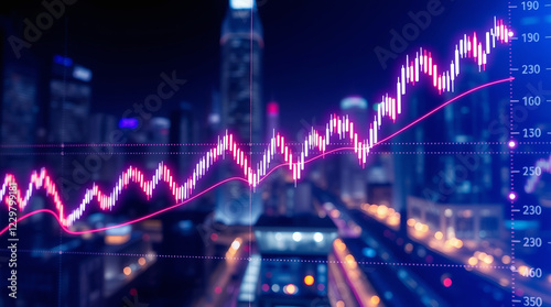 Glowing Stock Market Trends Displayed Against a Vibrant City at Night