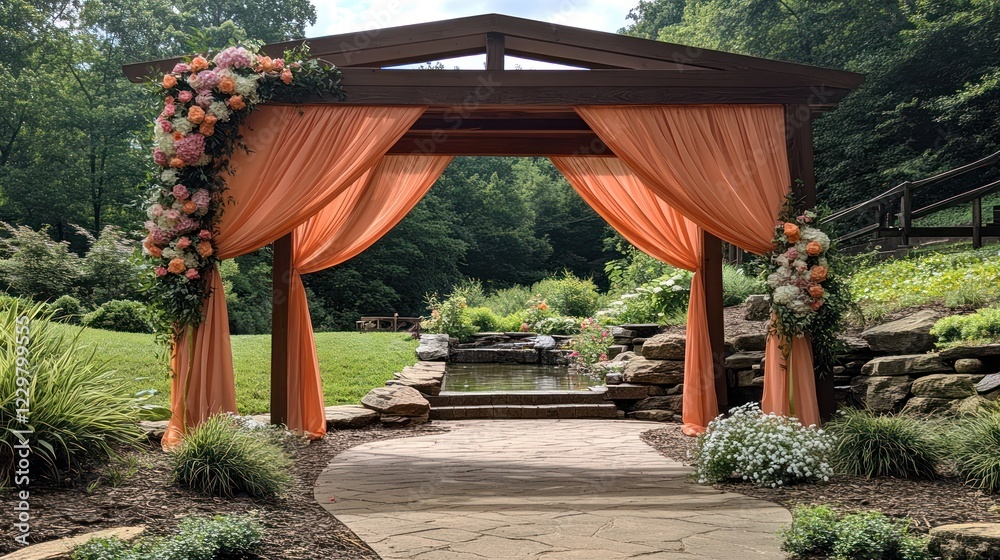 Peach draped wedding arbor with flowers by pond. Peach draped wedding arbor with flowers by pond.
