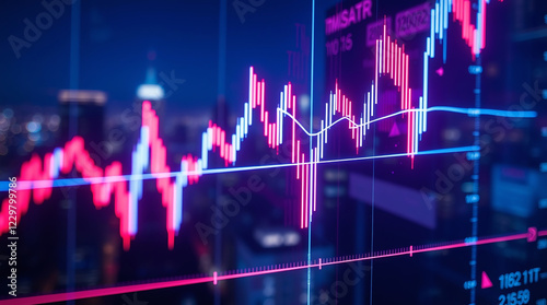Glowing Stock Market Trends Displayed Against a Vibrant City at Night
