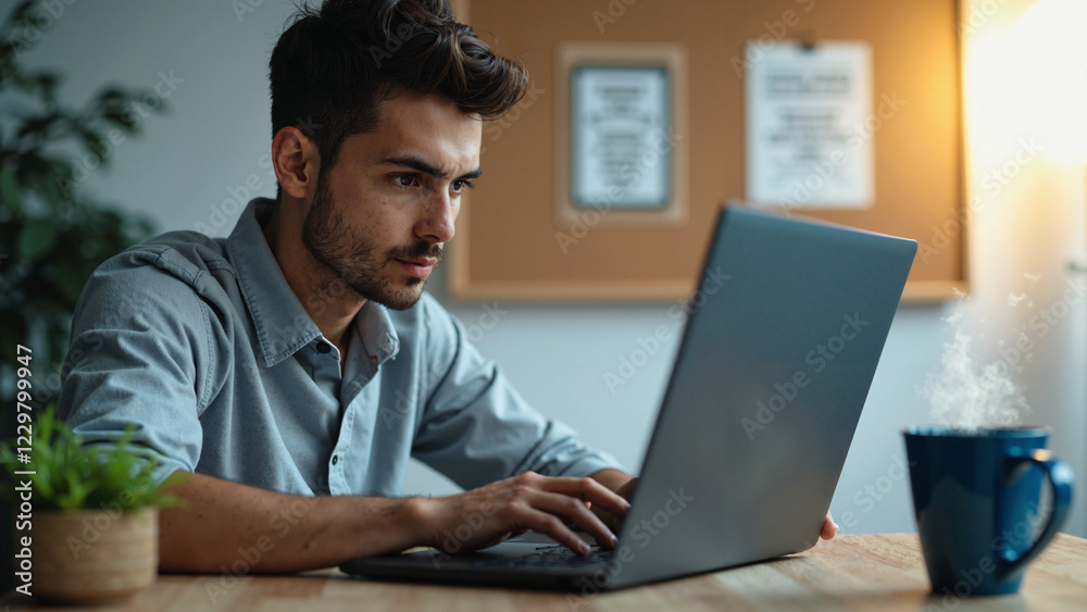 Focused Young Man Working on Cybersecurity in a Minimalist Home Office – Ideal for IT Security Blogs, Corporate Presentations, and Online Safety Campaigns Focused Young Man Working on Cybersecurity in a Minimalist Home Office – Ideal for IT Security Blogs, Corporate Presentations, and Online Safety Campaigns