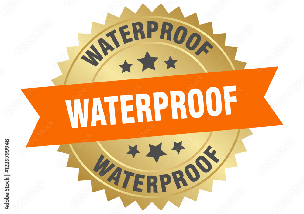 waterproof. waterproof round orange and gold label isolated on transparent background waterproof. waterproof round orange and gold label isolated on transparent background