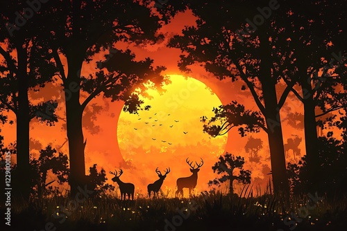 Majestic Deer Silhouette at Sunset in a Vivid Forest