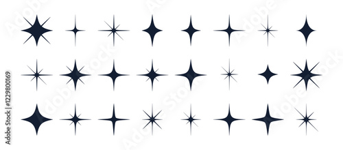 Stars set, sparkle icons collection. Set star abstract shapes. Template for design poster, card, banner. Vintage graphic set of star, light rays. Hand drawn design elements. Vector Illustration
