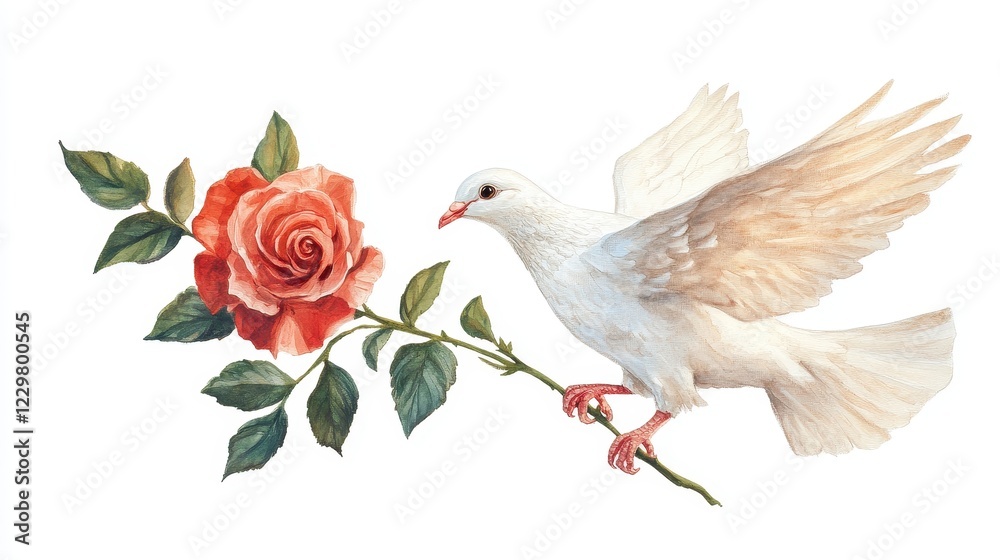 Obraz premium A white dove holding a rose in its beak, symbol of love and peace, detailed painting, isolated on white background. 