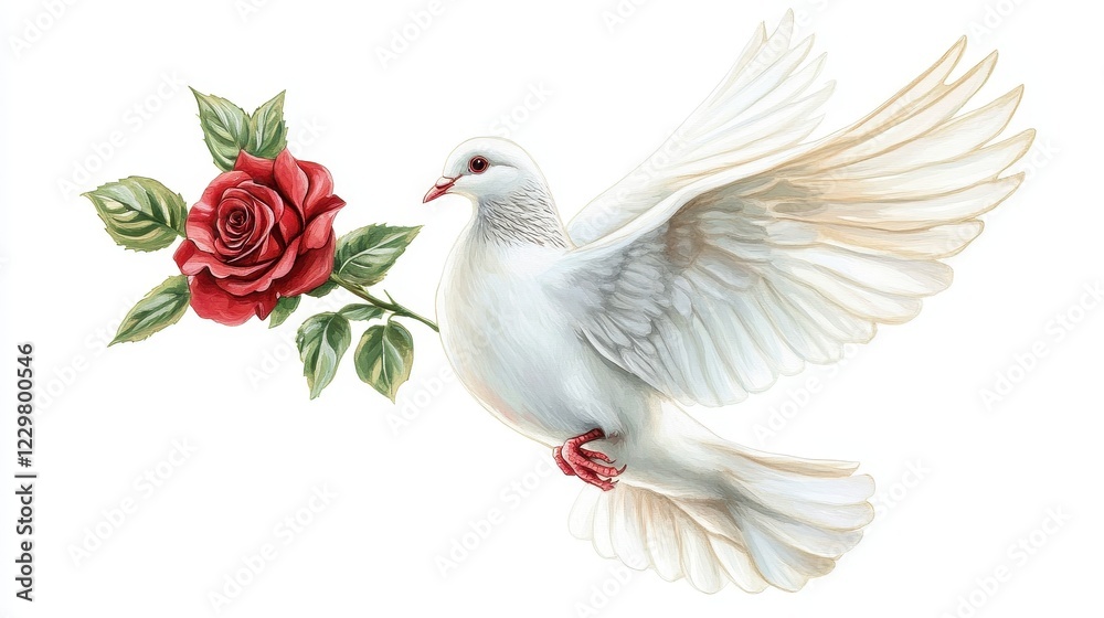 Obraz premium A white dove holding a rose in its beak, symbol of love and peace, detailed painting, isolated on white background. 