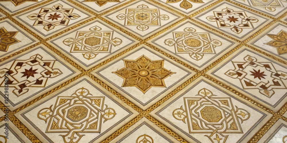 Antique style geometric tiling seamless pattern with gold accents and ornate motifs, vintage, art nouveau, elegant, geometric
