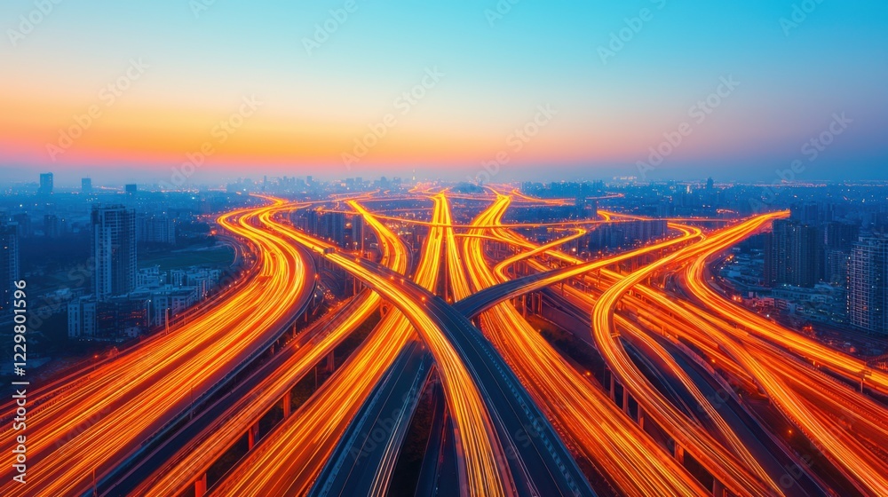 Network infrastructure expansion. Vibrant cityscape with illuminated traffic at dusk. Network infrastructure expansion. Vibrant cityscape with illuminated traffic at dusk.