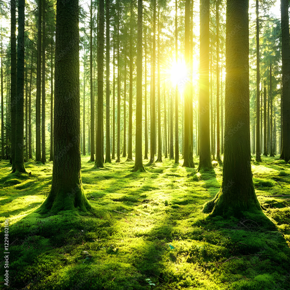 Sunrise in pine forest, moss ground. Nature scene, wallpaper Sunrise in pine forest, moss ground. Nature scene, wallpaper