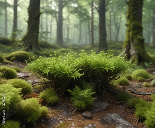 Atrichum angustatum moss growing in a damp, shaded forest floor , damp, small moss photo