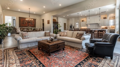 A cozy living room featuring comfortable seating, a coffee table, and a warm atmosphere.
